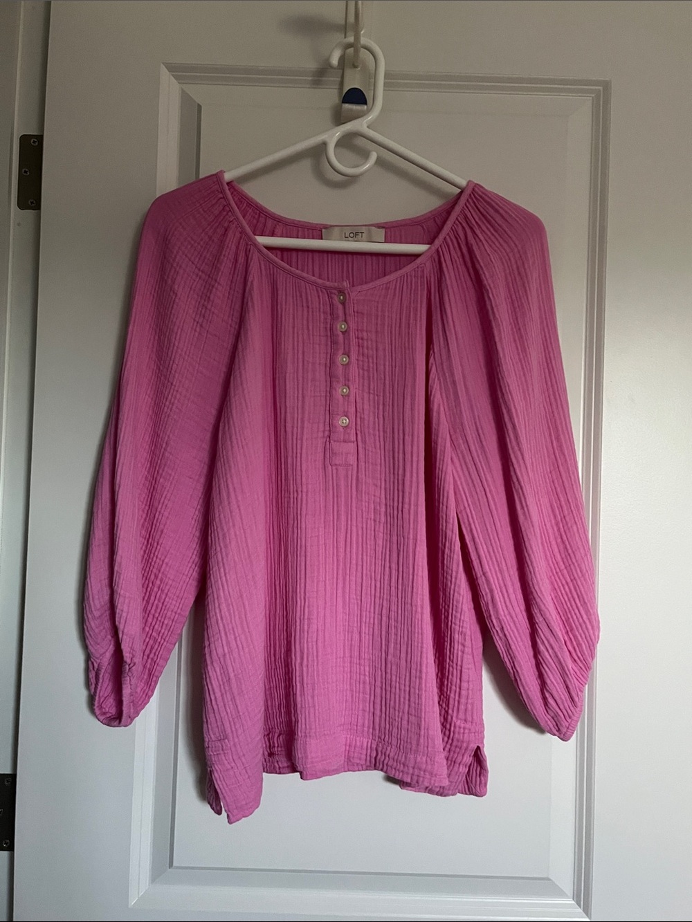 LOFT Bright Pink Gauze Henley with Balloon Sleeves